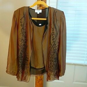 Yolanda Lorente Vintage Brown Silk 2 Piece Set Size L Hand Paint Floral Art Work